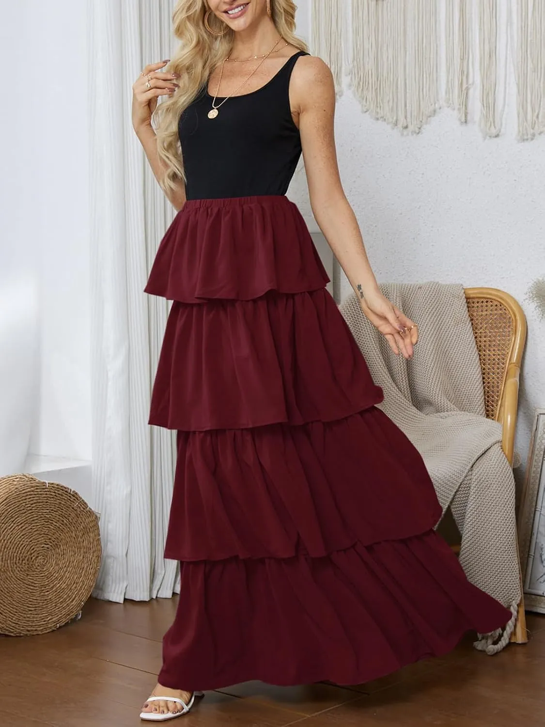 Womens Summer Tank Top Maxi Dress Smocked Ruffle Layered A Line Tiered Flowy Summer Casual Long Sundress