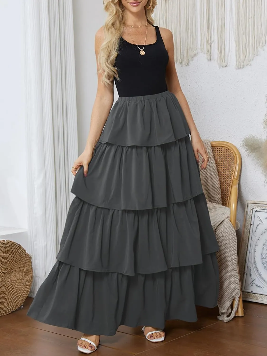 Womens Summer Tank Top Maxi Dress Smocked Ruffle Layered A Line Tiered Flowy Summer Casual Long Sundress