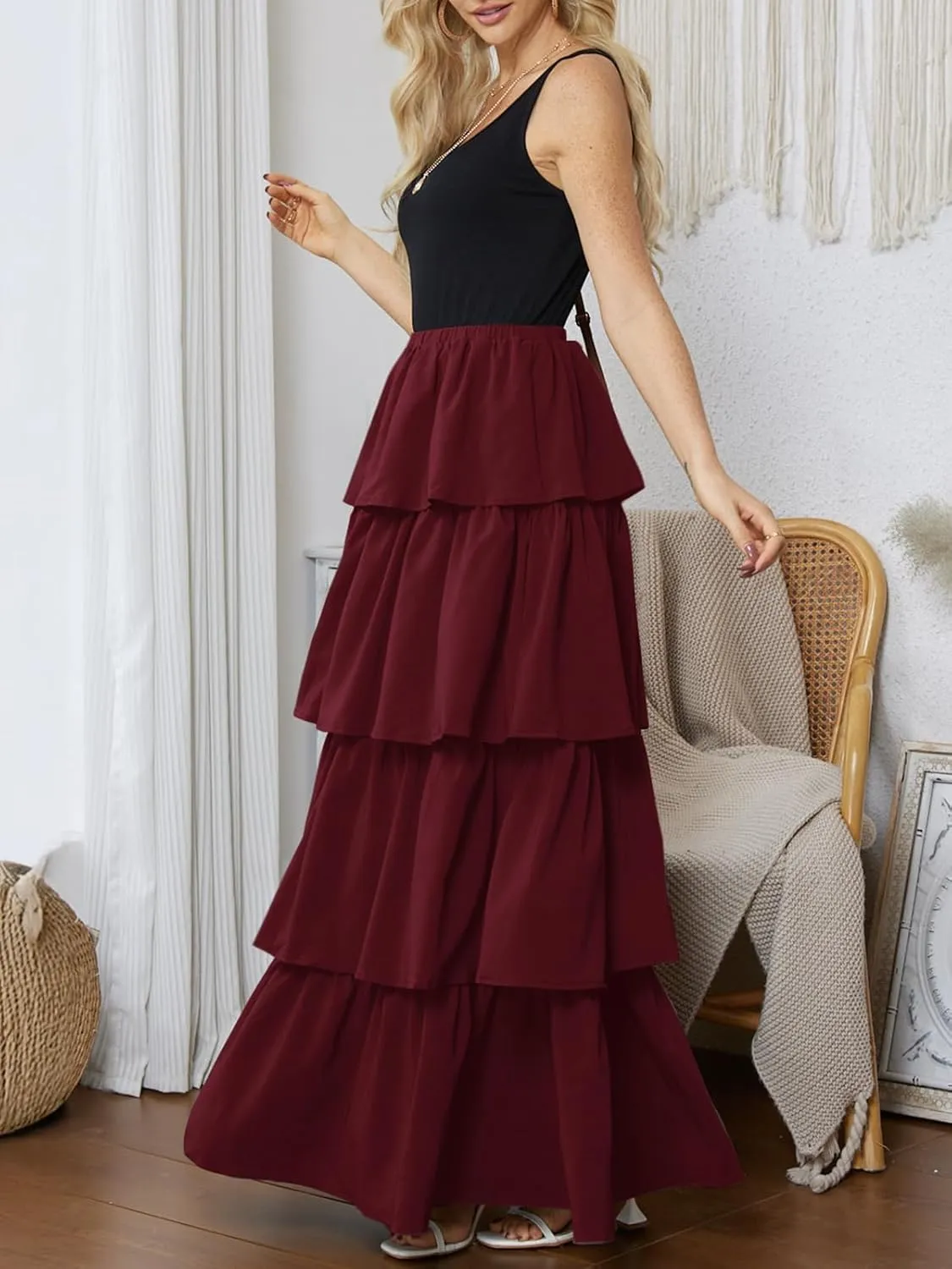Womens Summer Tank Top Maxi Dress Smocked Ruffle Layered A Line Tiered Flowy Summer Casual Long Sundress