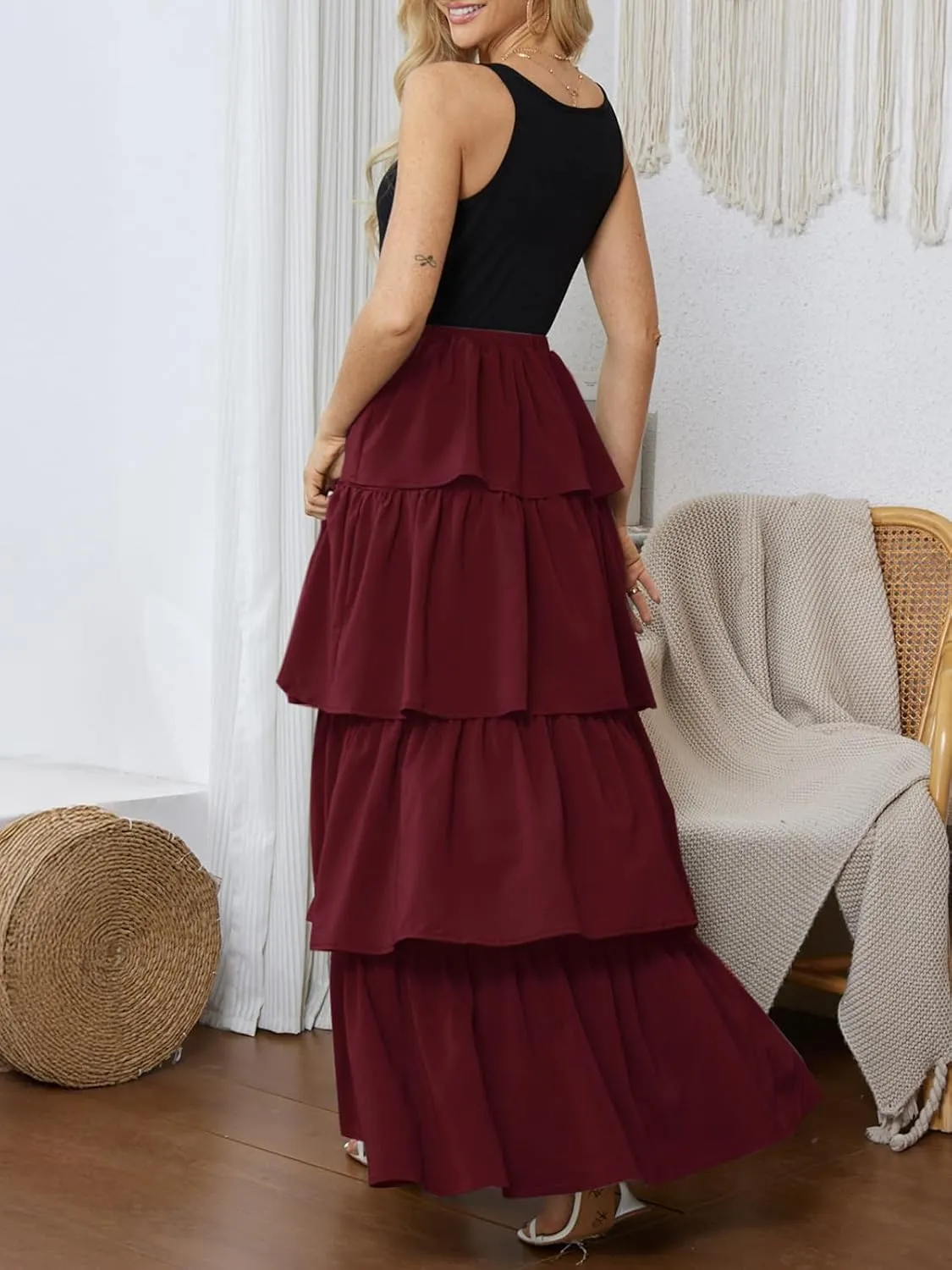 Womens Summer Tank Top Maxi Dress Smocked Ruffle Layered A Line Tiered Flowy Summer Casual Long Sundress