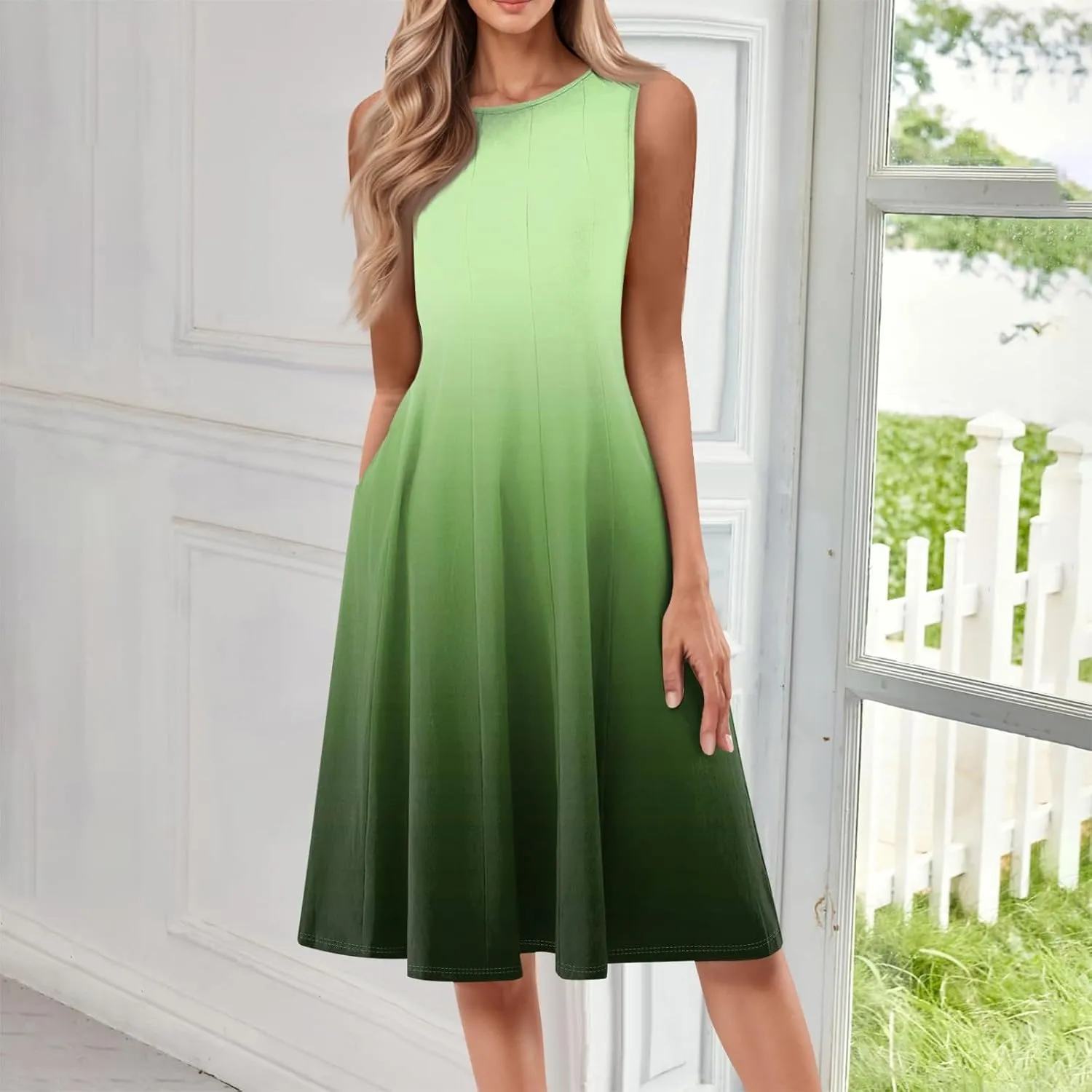 Women's Sundresses Tank Top Dresses Summer Midi Dress Ruched Floral Dress Sleeveless Bohemian A Line Dresses with Pocket