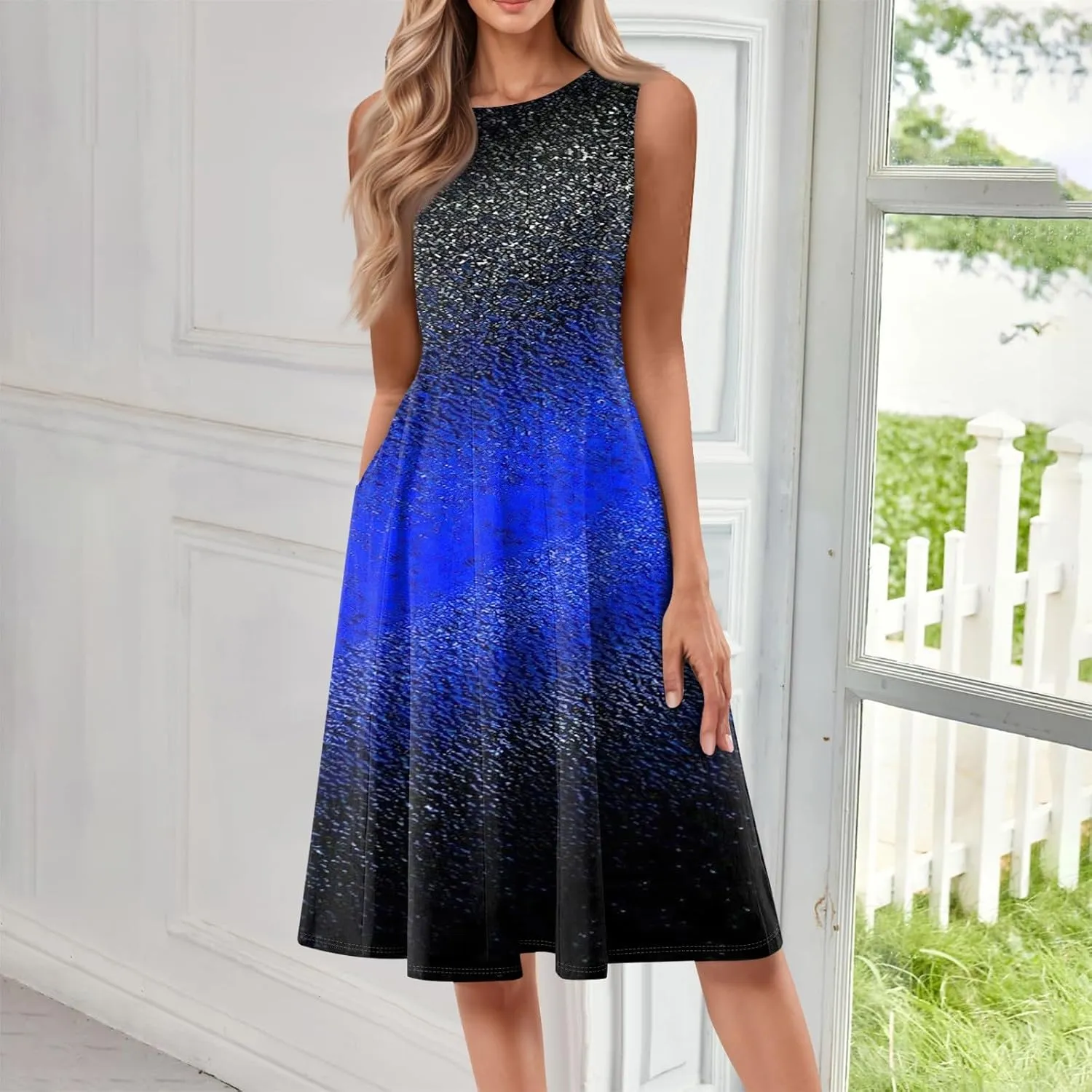 Women's Sundresses Tank Top Dresses Summer Midi Dress Ruched Floral Dress Sleeveless Bohemian A Line Dresses with Pocket