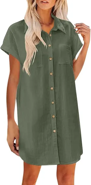 Womens Swim Cover up 2025 Summer Button Down Shirt Mini Dress Cotton Gauze Tops Kimono Bathing Suit Beach Coverups