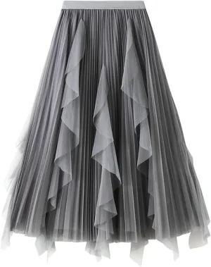 Women's Tulle Skirt Formal Asymmetrical Ruffle Midi Skirts Elastic High Waist Fairy Skirt 2025 Fashion A-line Skirts