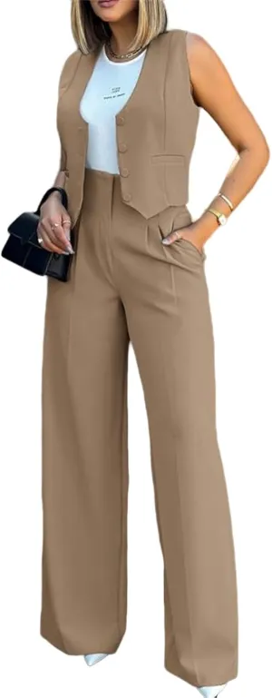 Womens Two Piece Outfits V Neck Sleeveless Crop Vest Blazer and Wide Leg Pants Matching Set Business Casual Suit Sets