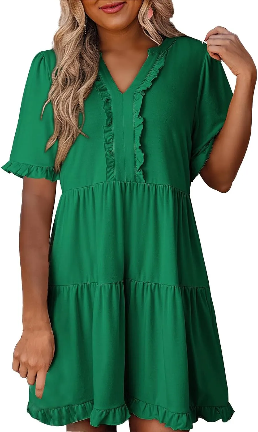 Women's V Neck Tunic Dresses Ruffle Sleeve A Line Tiered Flowy Swing Shift Dress Mini Loose Fit Dress Sundress 2025