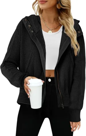 Womens Waffle Knit Hoodies Zip Up Shirt Jacket Slouchy Short Jackets Casual Long Sleeve Shackets