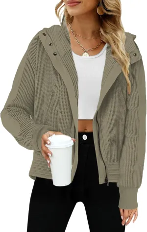 Womens Waffle Knit Hoodies Zip Up Shirt Jacket Slouchy Short Jackets Casual Long Sleeve Shackets