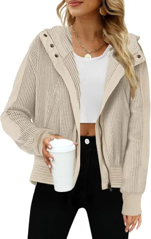 Womens Waffle Knit Hoodies Zip Up Shirt Jacket Slouchy Short Jackets Casual Long Sleeve Shackets