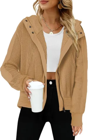 Womens Waffle Knit Hoodies Zip Up Shirt Jacket Slouchy Short Jackets Casual Long Sleeve Shackets