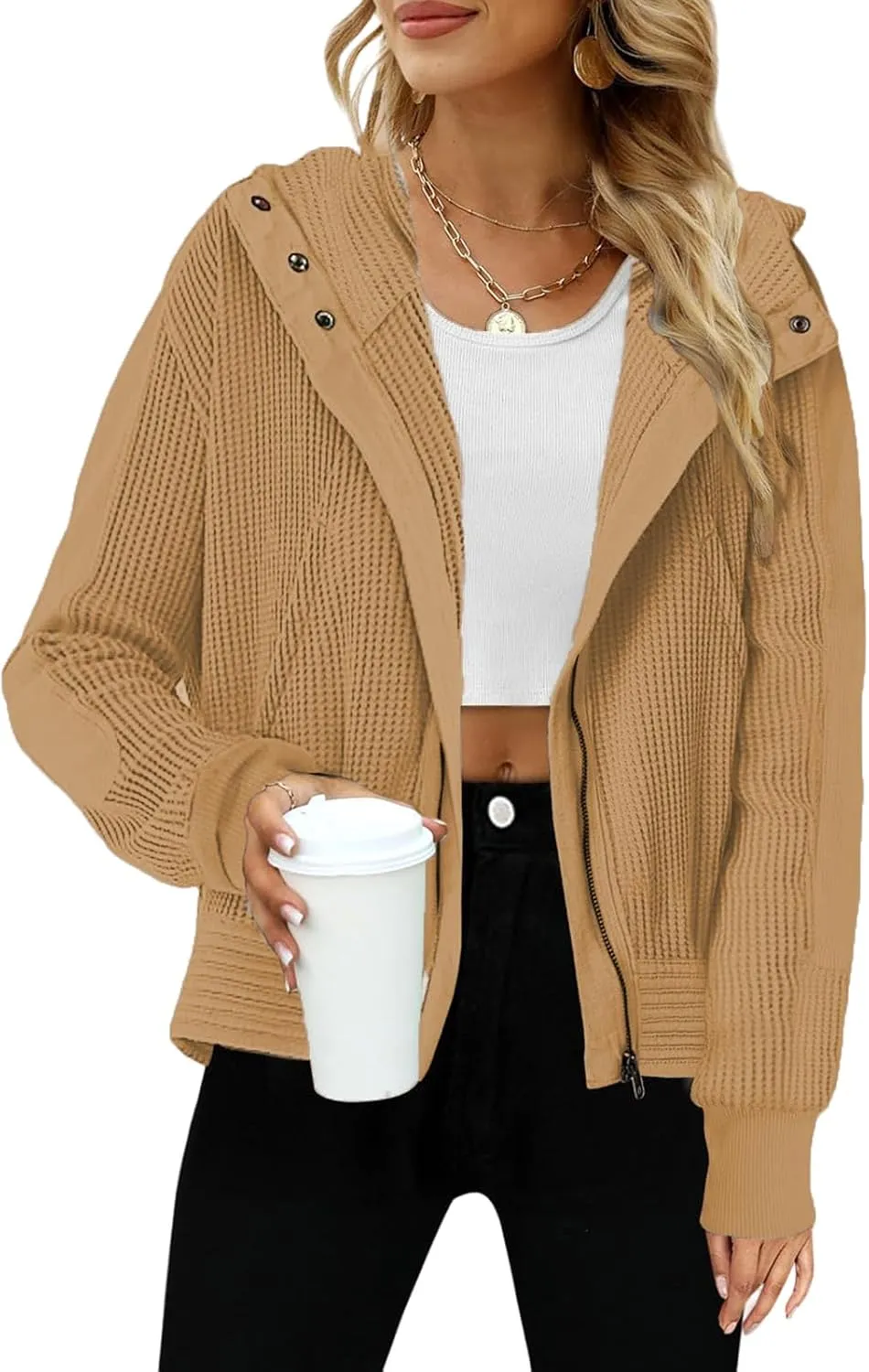 Womens Waffle Knit Hoodies Zip Up Shirt Jacket Slouchy Short Jackets Casual Long Sleeve Shackets