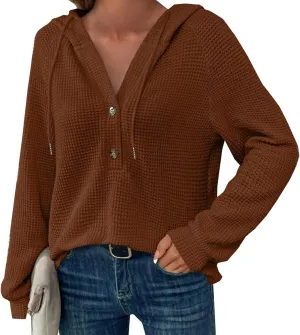 Womens Waffle Sweater Autumn Casual Solid Drawstring Hooded Button Up Slouchy Hoodies Loose Knitted Long Sleeve Tops
