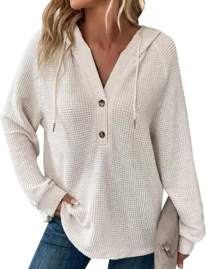 Womens Waffle Sweater Autumn Casual Solid Drawstring Hooded Button Up Slouchy Hoodies Loose Knitted Long Sleeve Tops