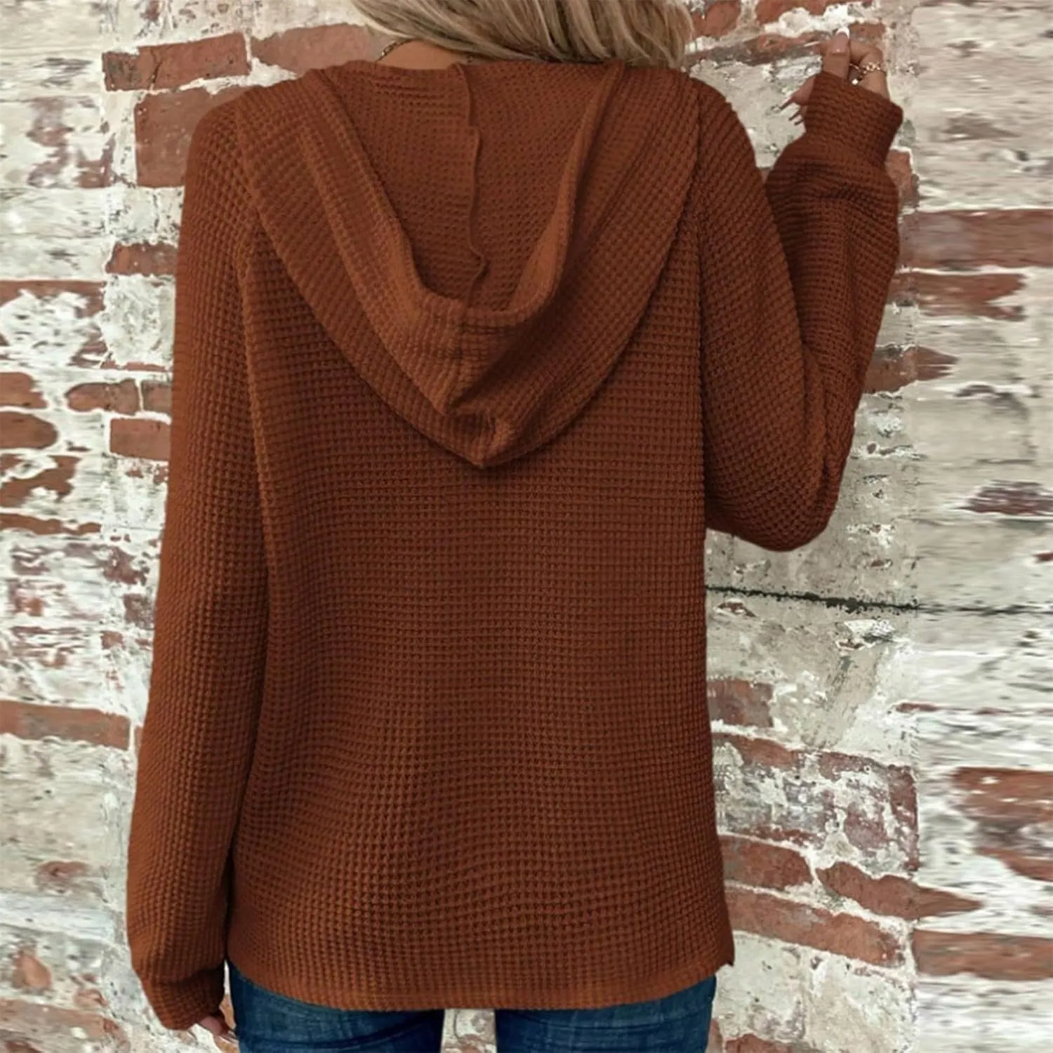 Womens Waffle Sweater Autumn Casual Solid Drawstring Hooded Button Up Slouchy Hoodies Loose Knitted Long Sleeve Tops