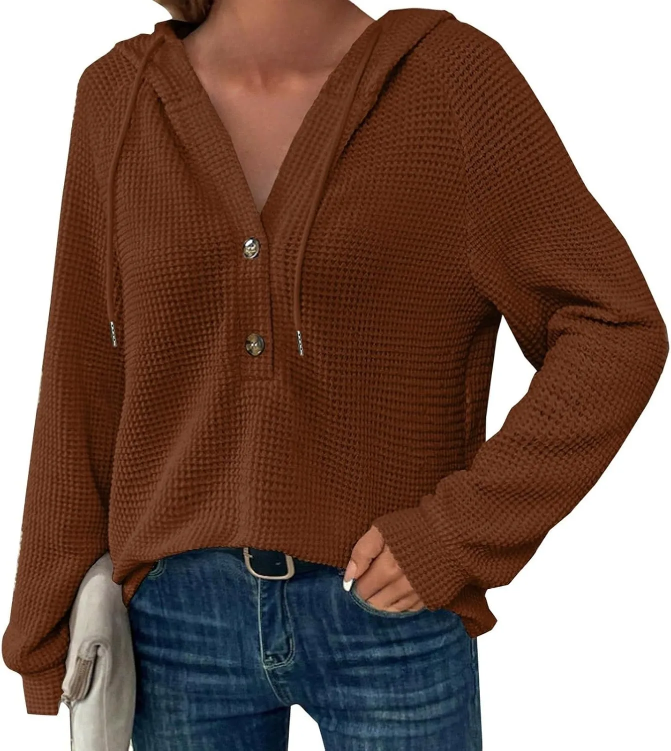 Womens Waffle Sweater Autumn Casual Solid Drawstring Hooded Button Up Slouchy Hoodies Loose Knitted Long Sleeve Tops