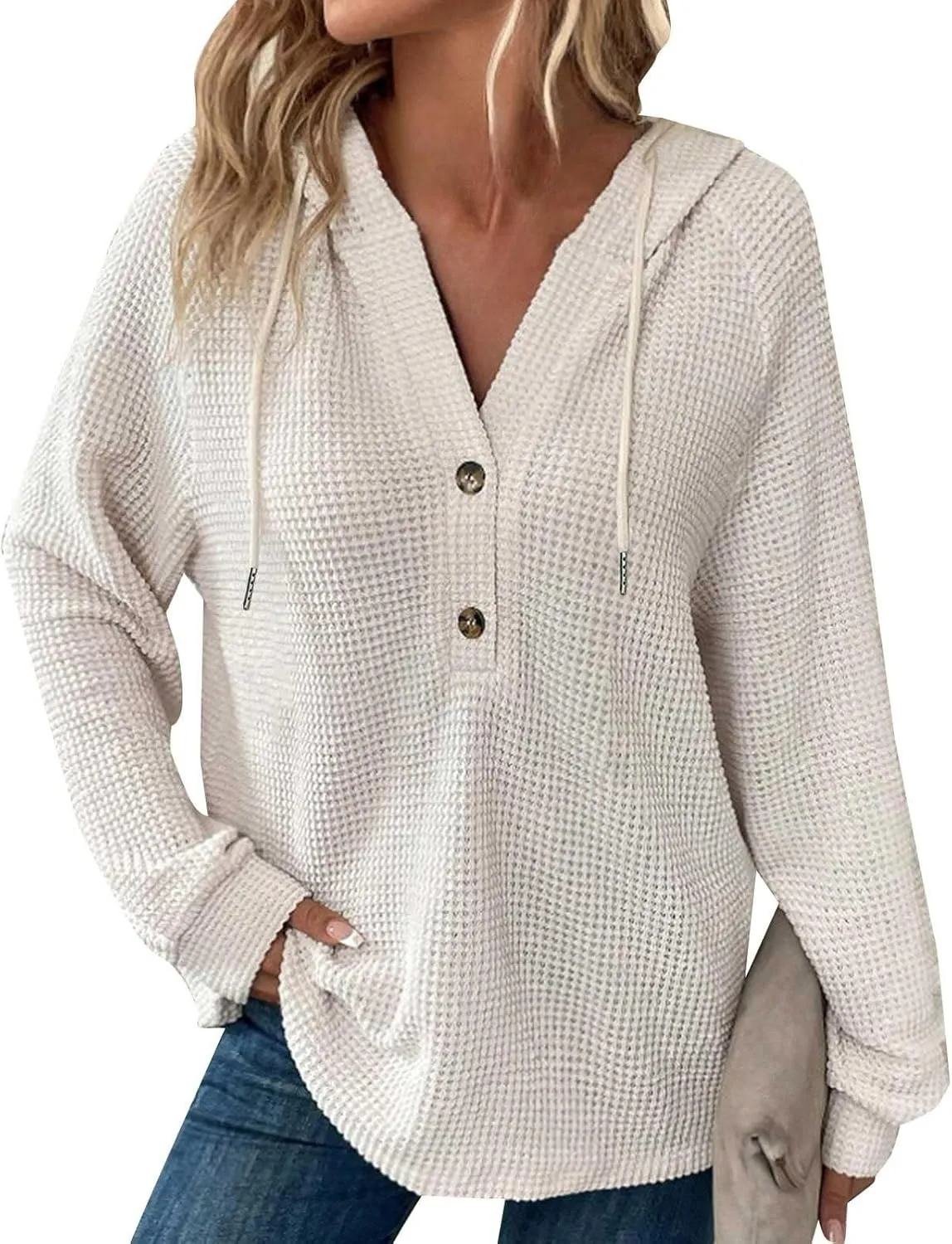 Womens Waffle Sweater Autumn Casual Solid Drawstring Hooded Button Up Slouchy Hoodies Loose Knitted Long Sleeve Tops