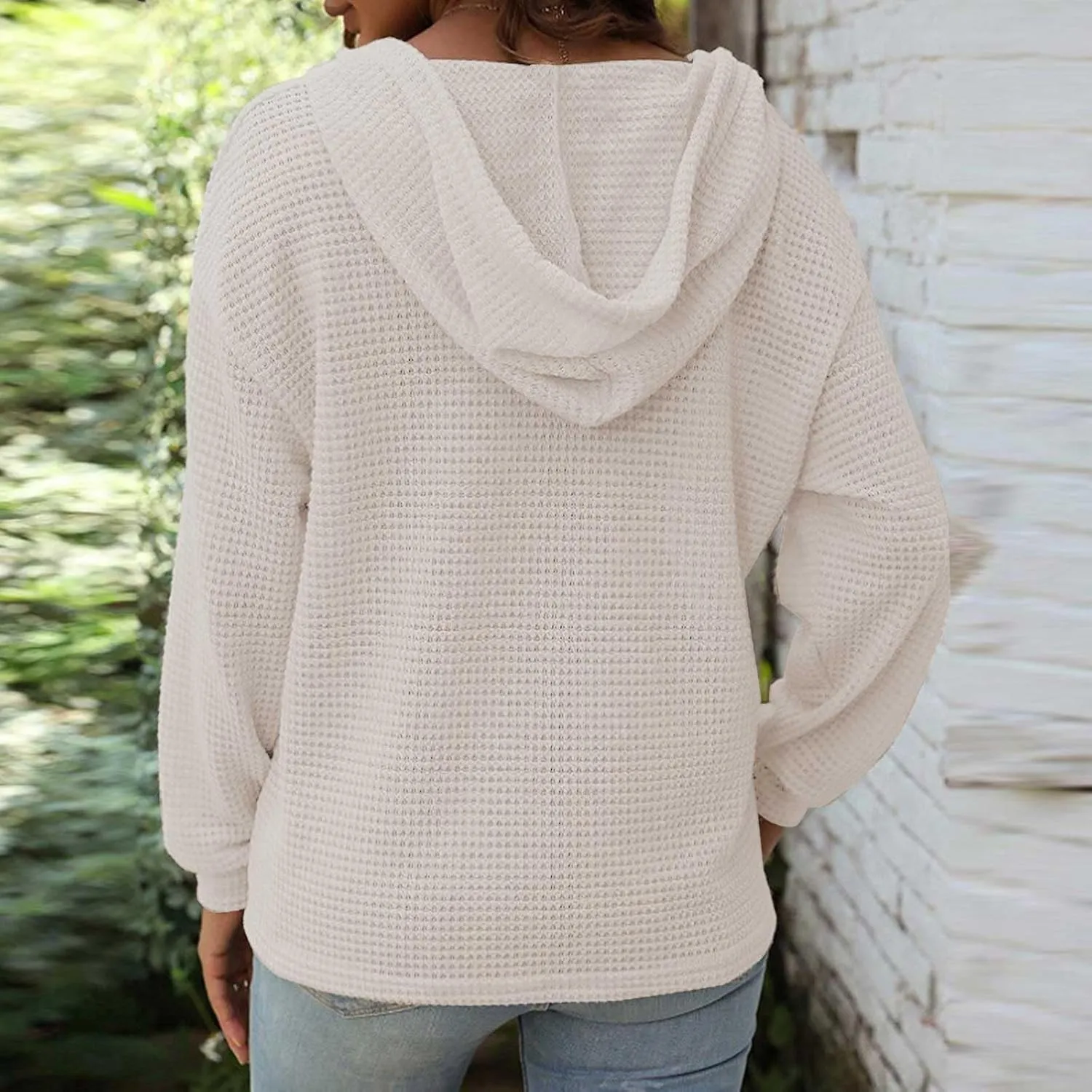 Womens Waffle Sweater Autumn Casual Solid Drawstring Hooded Button Up Slouchy Hoodies Loose Knitted Long Sleeve Tops