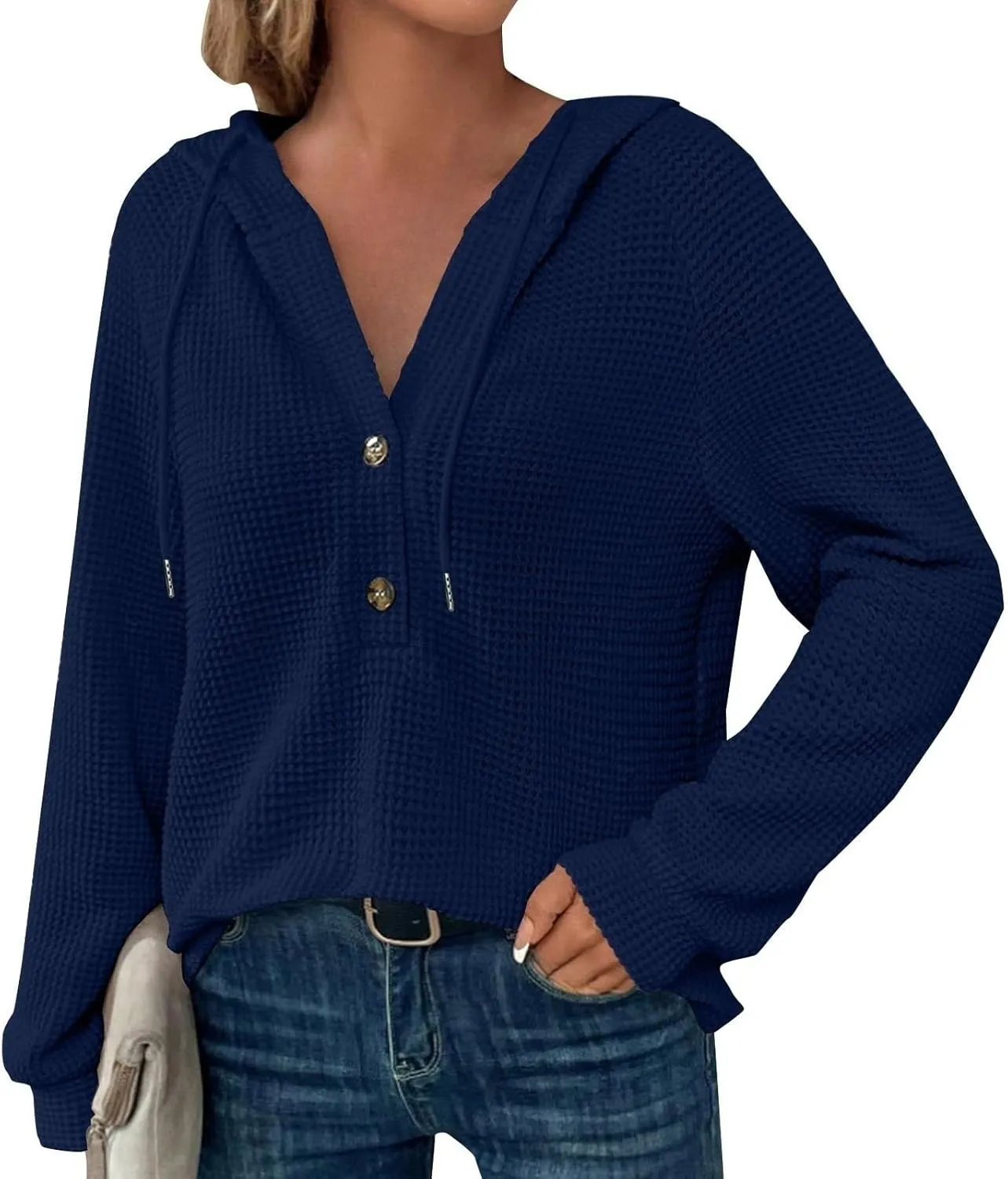 Womens Waffle Sweater Autumn Casual Solid Drawstring Hooded Button Up Slouchy Hoodies Loose Knitted Long Sleeve Tops