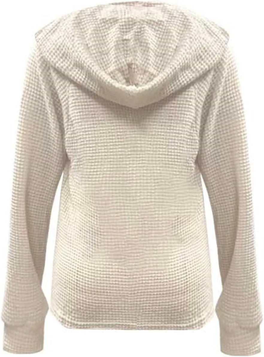 Womens Waffle Sweater Autumn Casual Solid Drawstring Hooded Button Up Slouchy Hoodies Loose Knitted Long Sleeve Tops