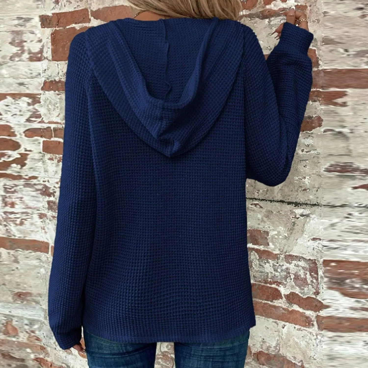 Womens Waffle Sweater Autumn Casual Solid Drawstring Hooded Button Up Slouchy Hoodies Loose Knitted Long Sleeve Tops