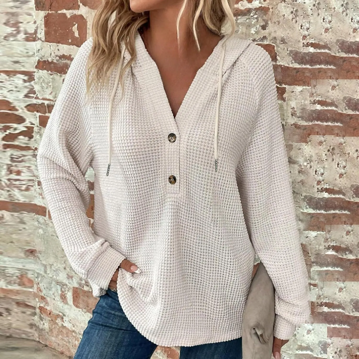 Womens Waffle Sweater Autumn Casual Solid Drawstring Hooded Button Up Slouchy Hoodies Loose Knitted Long Sleeve Tops