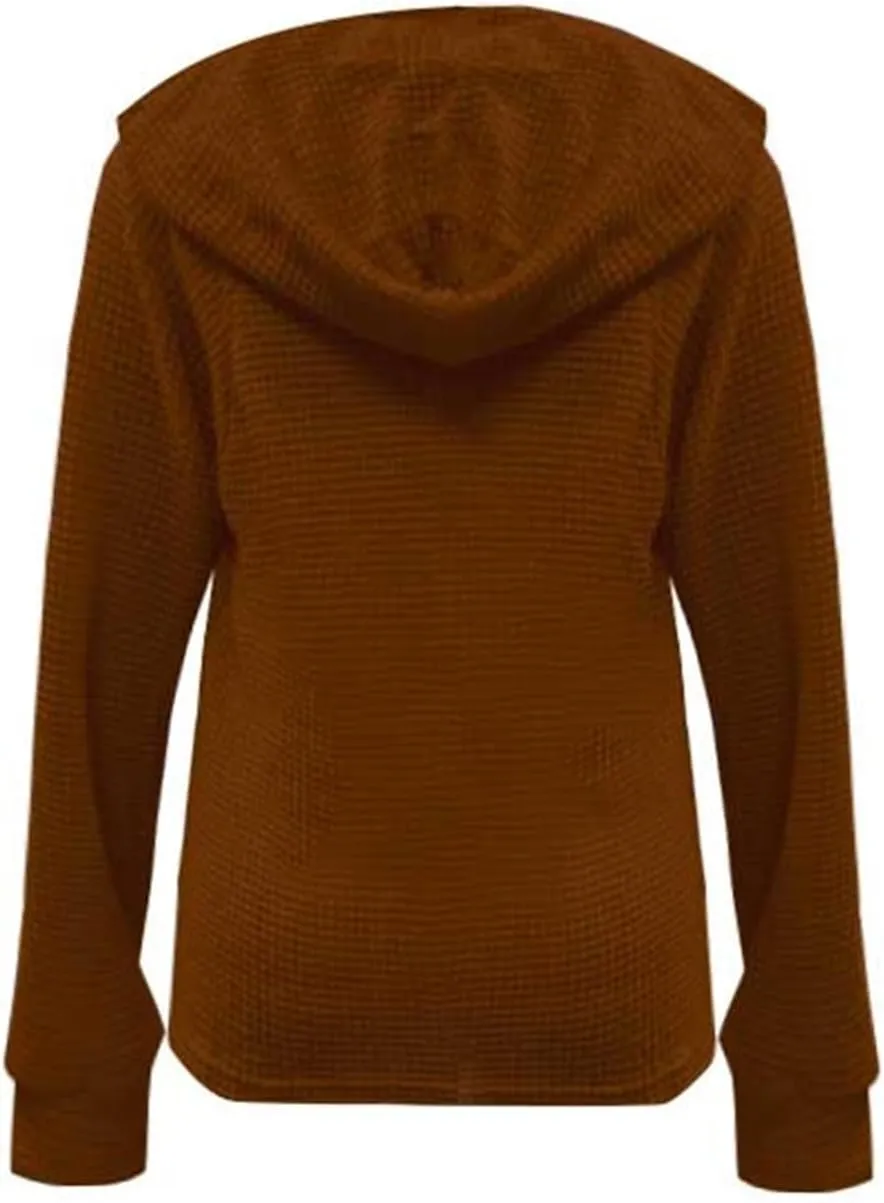 Womens Waffle Sweater Autumn Casual Solid Drawstring Hooded Button Up Slouchy Hoodies Loose Knitted Long Sleeve Tops