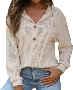 Womens Waffle Sweater Autumn Casual Solid Drawstring Hooded Button Up Slouchy Hoodies Loose Knitted Long Sleeve Tops