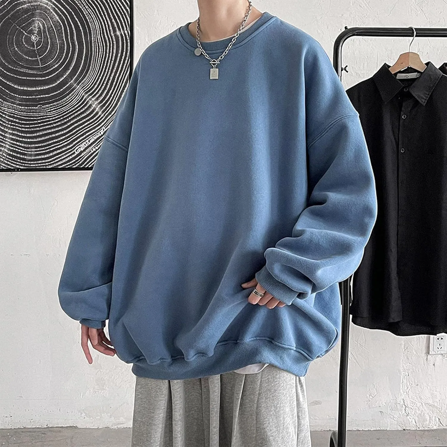 WUAI-Men Crewneck Sweatshirt Plus Size Soft Cozy Hipster Workout Loose Oversized Pullover Sweaters Thermal Jumper Tops