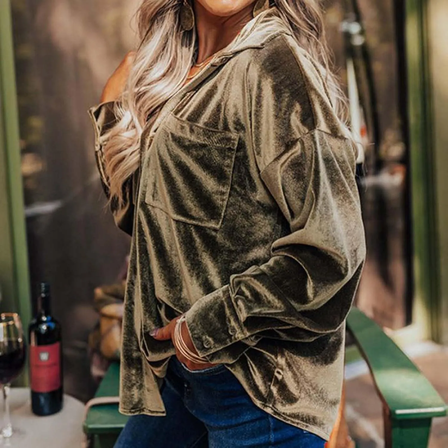 Xiaojmake Womens Oversized Velvet Blazer Jacket Spring Long Sleeve V Neck T Shirts with Pocket Button Down Office Work Blouse