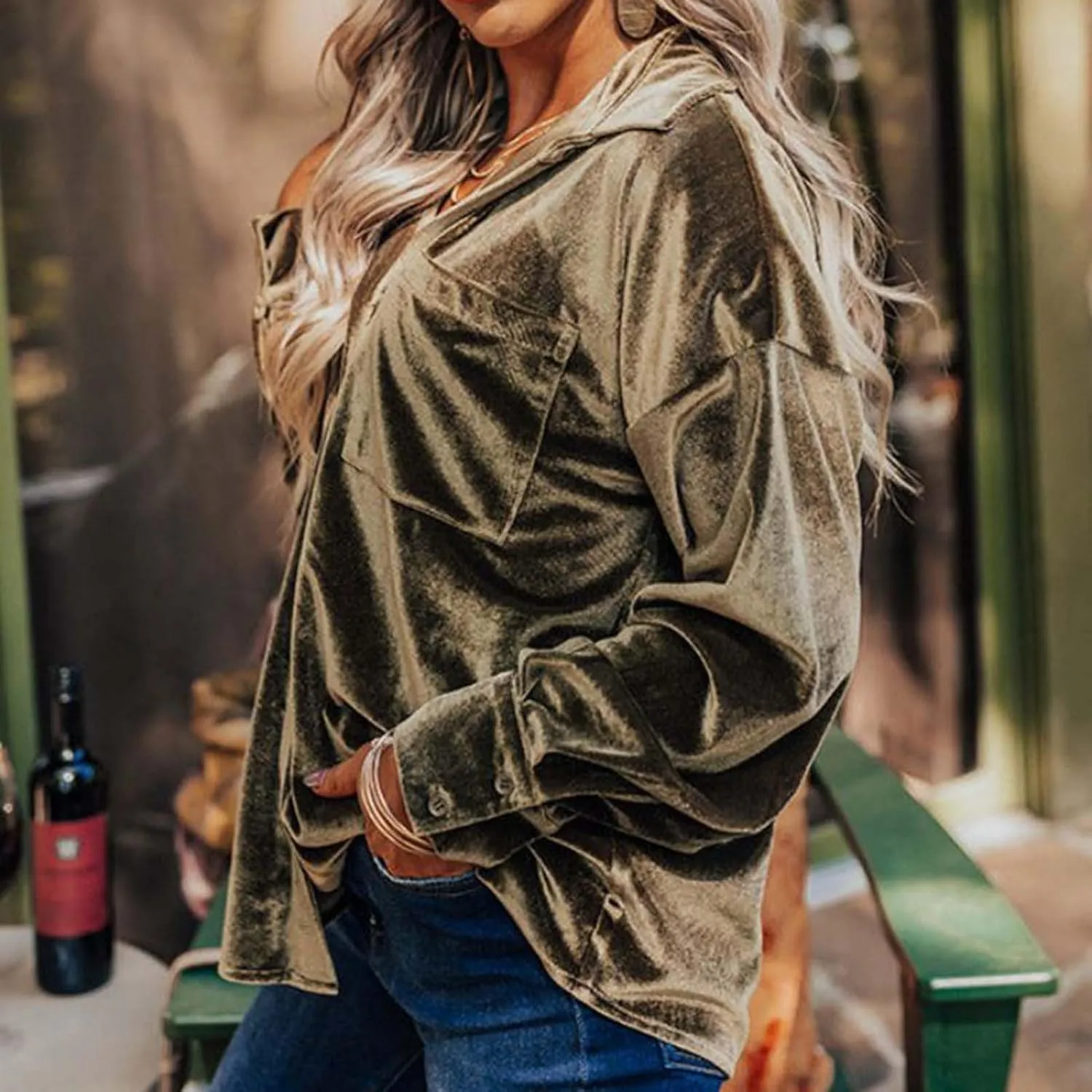 Xiaojmake Womens Oversized Velvet Blazer Jacket Spring Long Sleeve V Neck T Shirts with Pocket Button Down Office Work Blouse