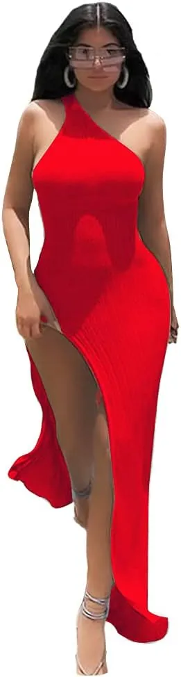 XLLAIS Ribbed Dress Sexy One Shoulder Split Maxi Long Dresses Beachwear