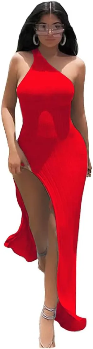 XLLAIS Ribbed Dress Sexy One Shoulder Split Maxi Long Dresses Beachwear