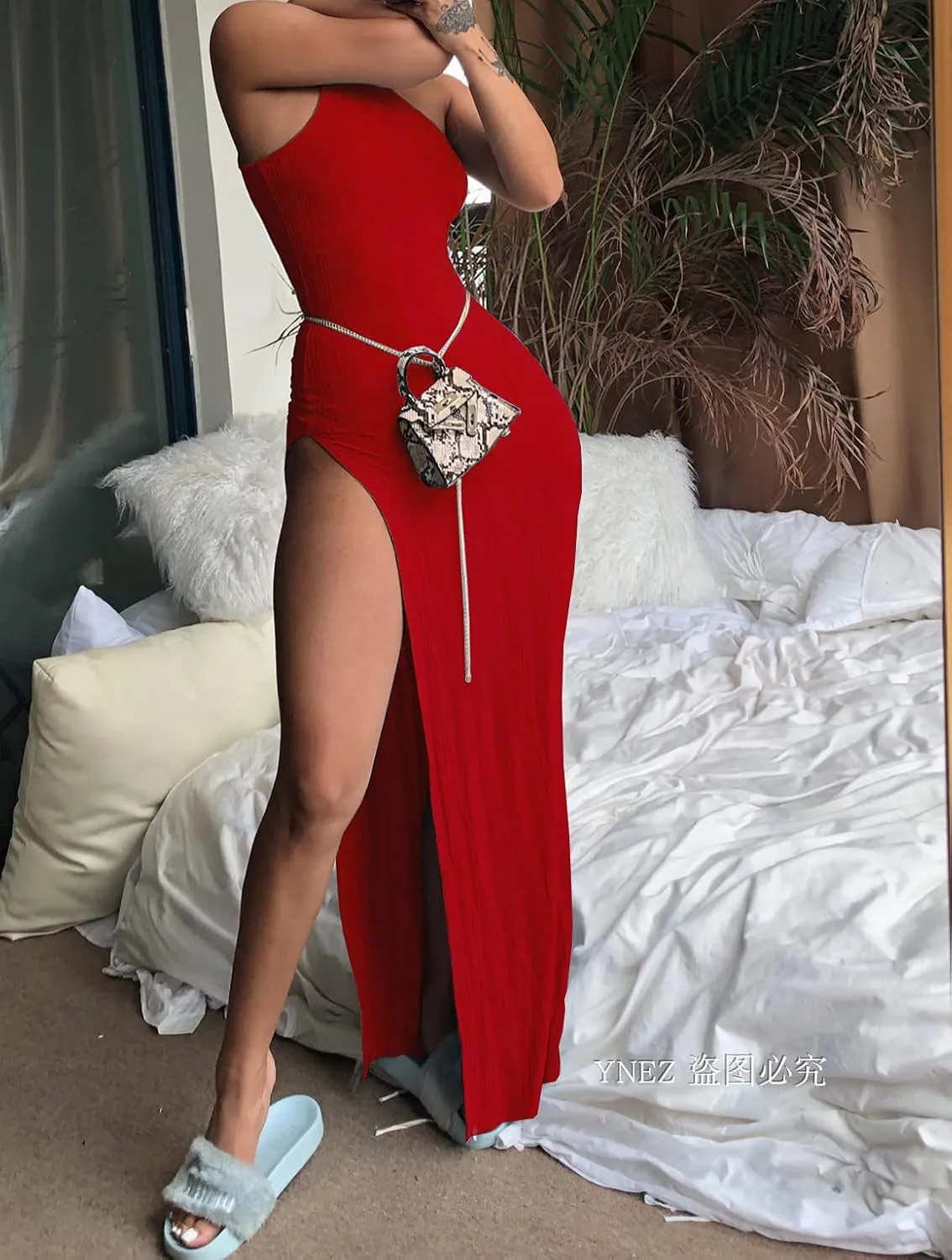 XLLAIS Ribbed Dress Sexy One Shoulder Split Maxi Long Dresses Beachwear