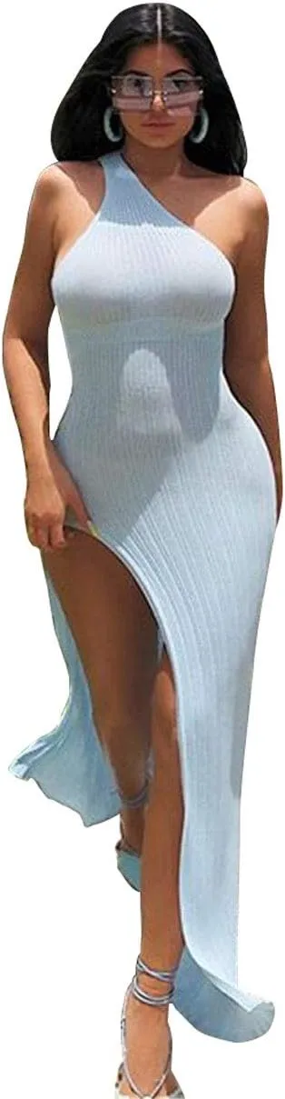 XLLAIS Ribbed Dress Sexy One Shoulder Split Maxi Long Dresses Beachwear