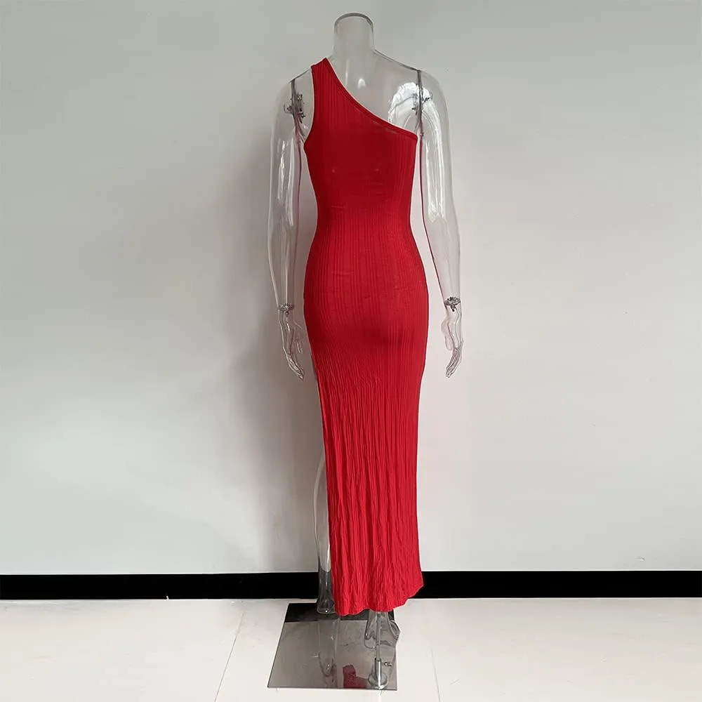 XLLAIS Ribbed Dress Sexy One Shoulder Split Maxi Long Dresses Beachwear