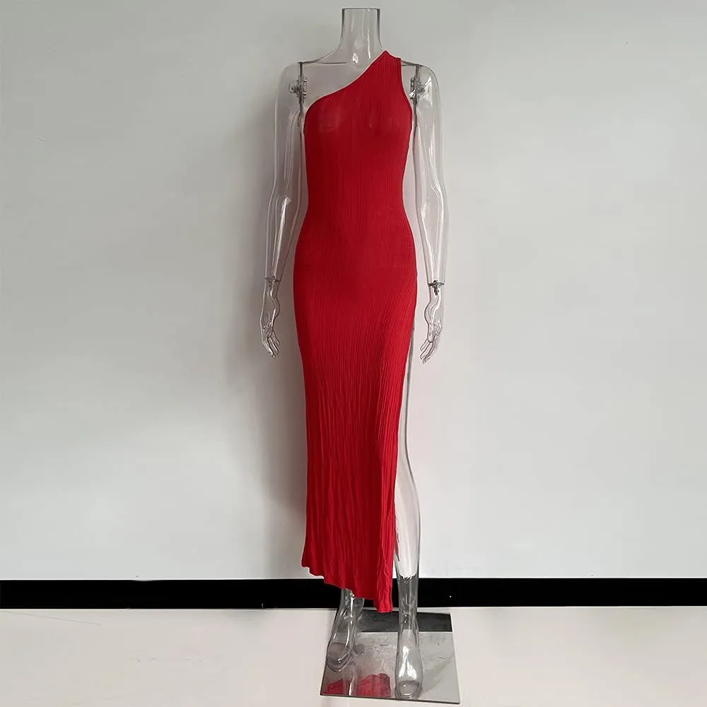 XLLAIS Ribbed Dress Sexy One Shoulder Split Maxi Long Dresses Beachwear
