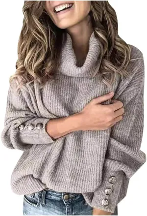 XUETON Womens Oversized Turtleneck Sweaters Long Sleeve Casual Lightweight Loose Button Chunky Knit Pullover Knit Jumper Tops(Grey,5X-Large)