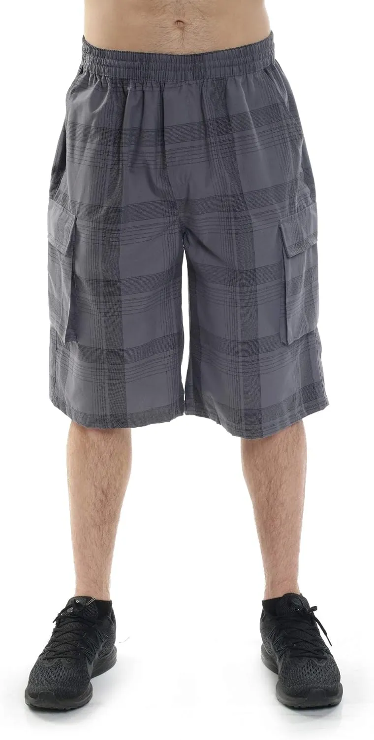 YAGO Men's Elastic Waist Drawstring Relaxed Fit Plaid Cargo Shorts S-5XL