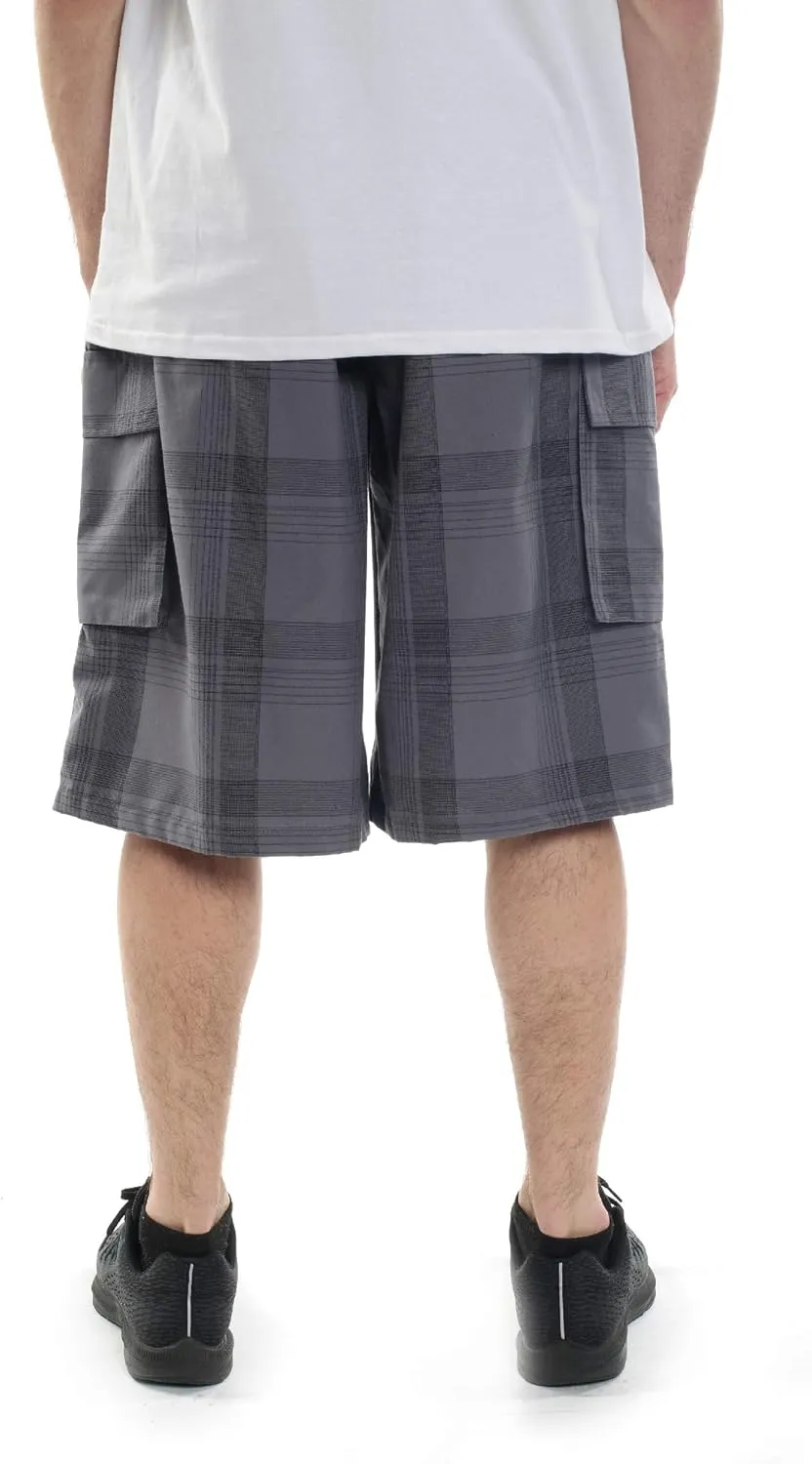 YAGO Men's Elastic Waist Drawstring Relaxed Fit Plaid Cargo Shorts S-5XL
