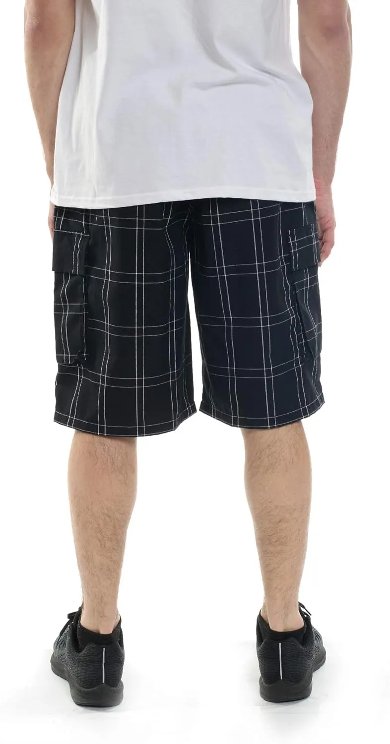 YAGO Men's Elastic Waist Drawstring Relaxed Fit Plaid Cargo Shorts S-5XL