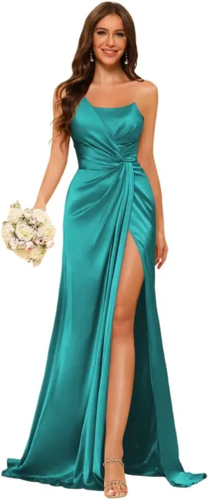 YOFF One Shoulder Satin Bridesmaid Dress with Slit Long Bodycon Formal Prom Dresses YO013