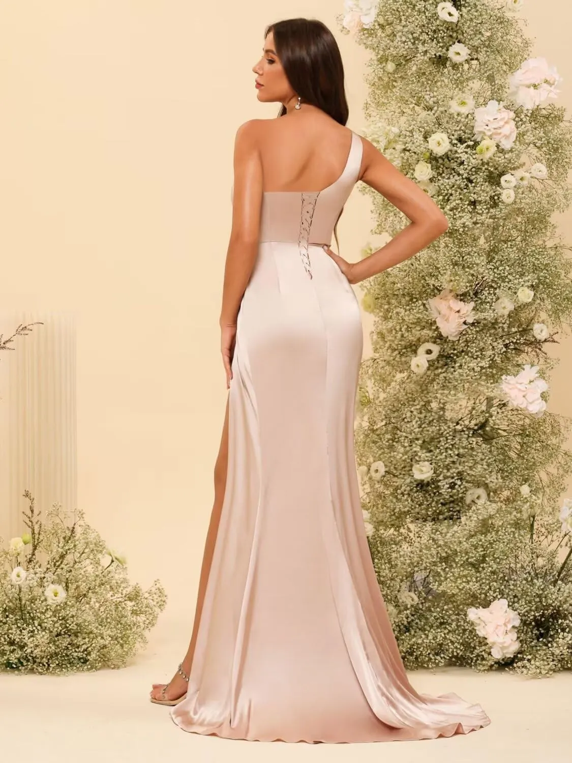 YOFF One Shoulder Satin Bridesmaid Dress with Slit Long Bodycon Formal Prom Dresses YO013