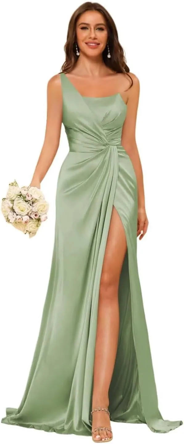 YOFF One Shoulder Satin Bridesmaid Dress with Slit Long Bodycon Formal Prom Dresses YO013