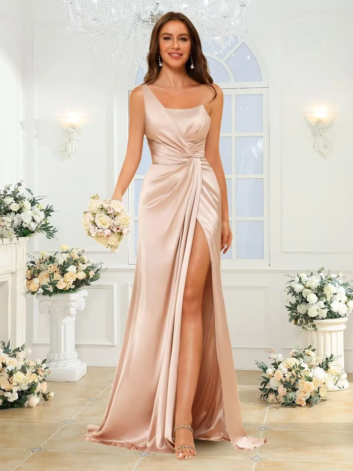 YOFF One Shoulder Satin Bridesmaid Dress with Slit Long Bodycon Formal Prom Dresses YO013