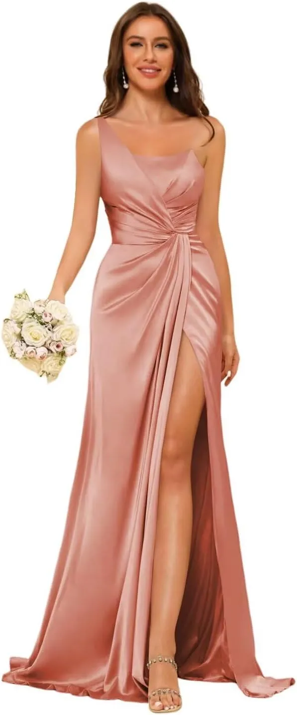 YOFF One Shoulder Satin Bridesmaid Dress with Slit Long Bodycon Formal Prom Dresses YO013