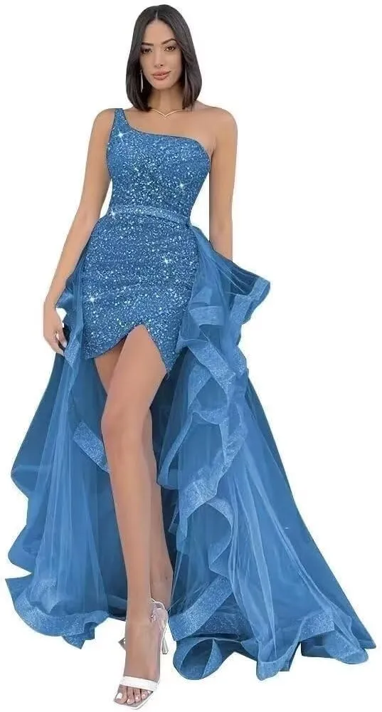 YUAOHUANG One Shoulder Sequin Prom Dresses Sparkly Tight Formal Evening Dress with Ruffles Long Tulle Detachable Train
