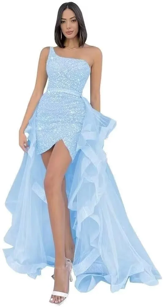YUAOHUANG One Shoulder Sequin Prom Dresses Sparkly Tight Formal Evening Dress with Ruffles Long Tulle Detachable Train