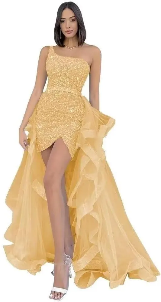 YUAOHUANG One Shoulder Sequin Prom Dresses Sparkly Tight Formal Evening Dress with Ruffles Long Tulle Detachable Train