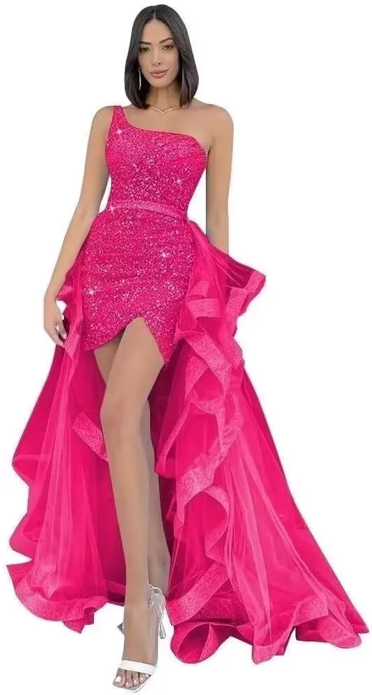 YUAOHUANG One Shoulder Sequin Prom Dresses Sparkly Tight Formal Evening Dress with Ruffles Long Tulle Detachable Train