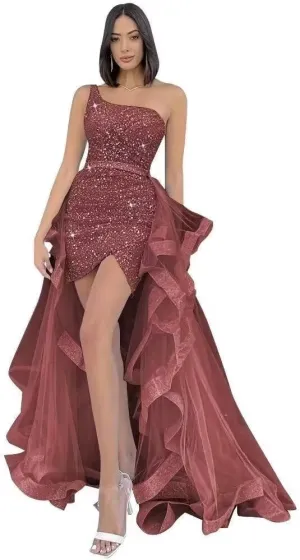 YUAOHUANG One Shoulder Sequin Prom Dresses Sparkly Tight Formal Evening Dress with Ruffles Long Tulle Detachable Train